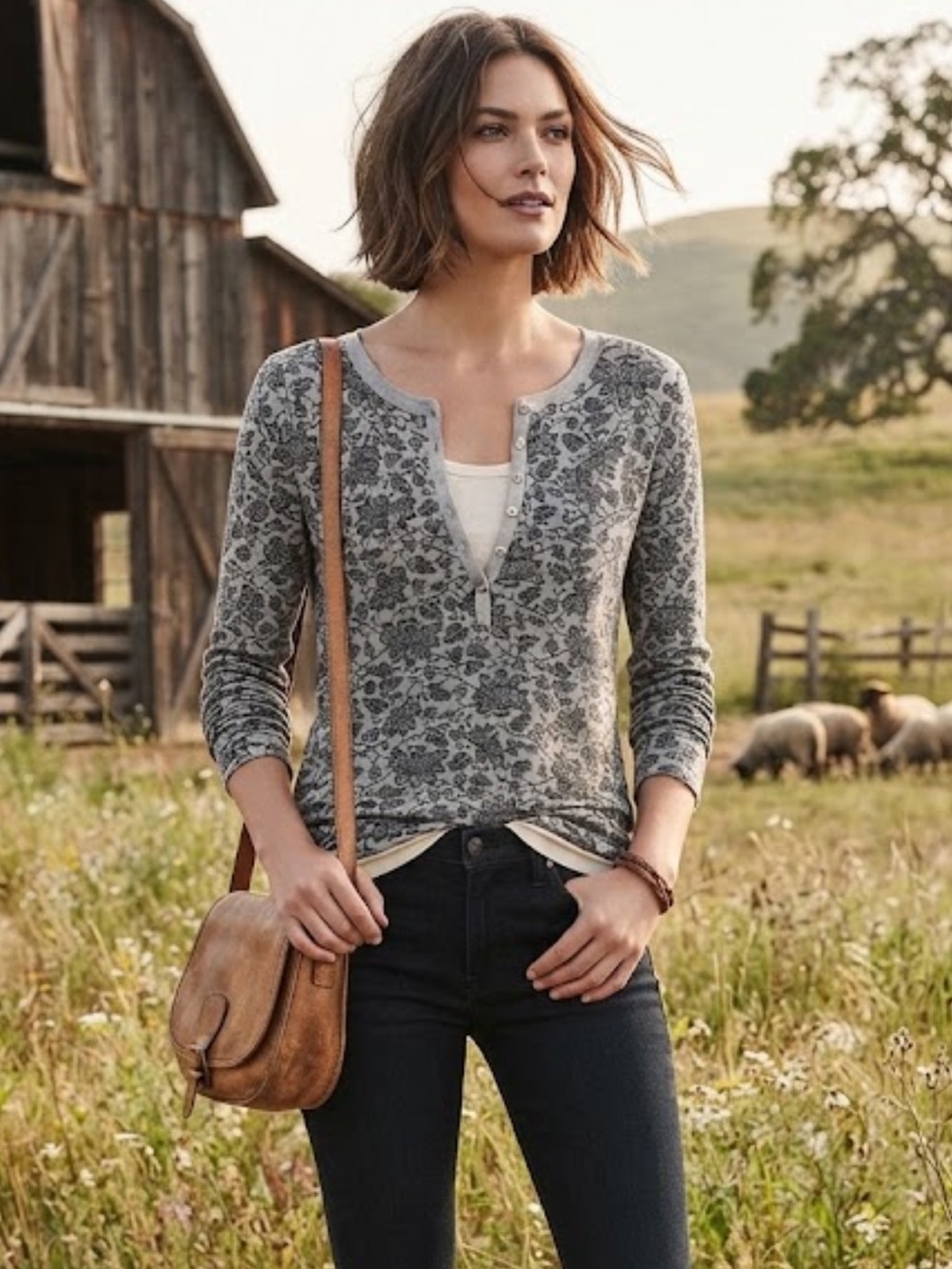 Ralph Lauren Women’s Gray Floral Button Front Top